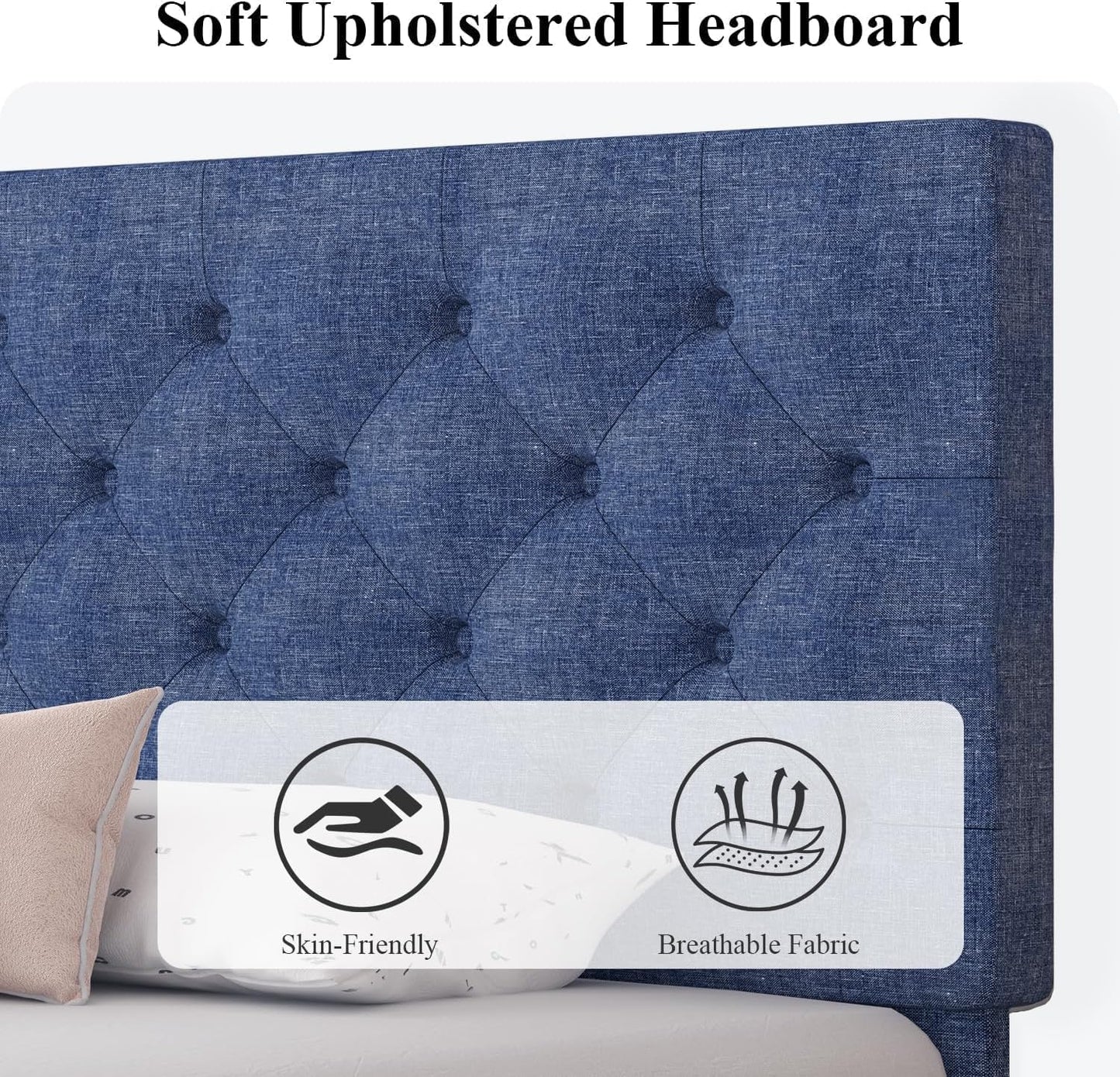 HOMBCK Queen Bed Frame with Button Tufted Headboard, Blue Upholstered Platform Bed Frame Bed, Soft Fabric/Wood Slats Support/No Box Spring Needed, Easy Assembly, Blue