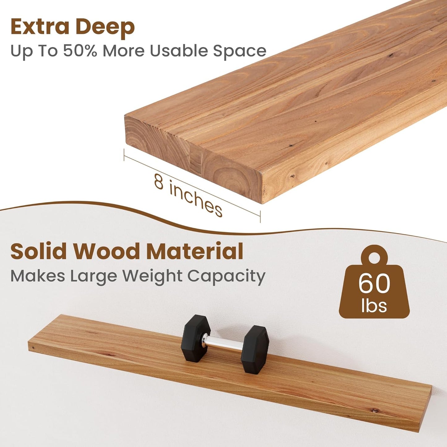 Floating Shelves for Wall Decor, 8" Deep Rustic Solid Elm Wood Floating Shelves Wall Mounted, Wall Shelves with Invisible Bracket for Living Room Bathroom Bedroom Kitchen, 48 Inch Set of 1, Natural