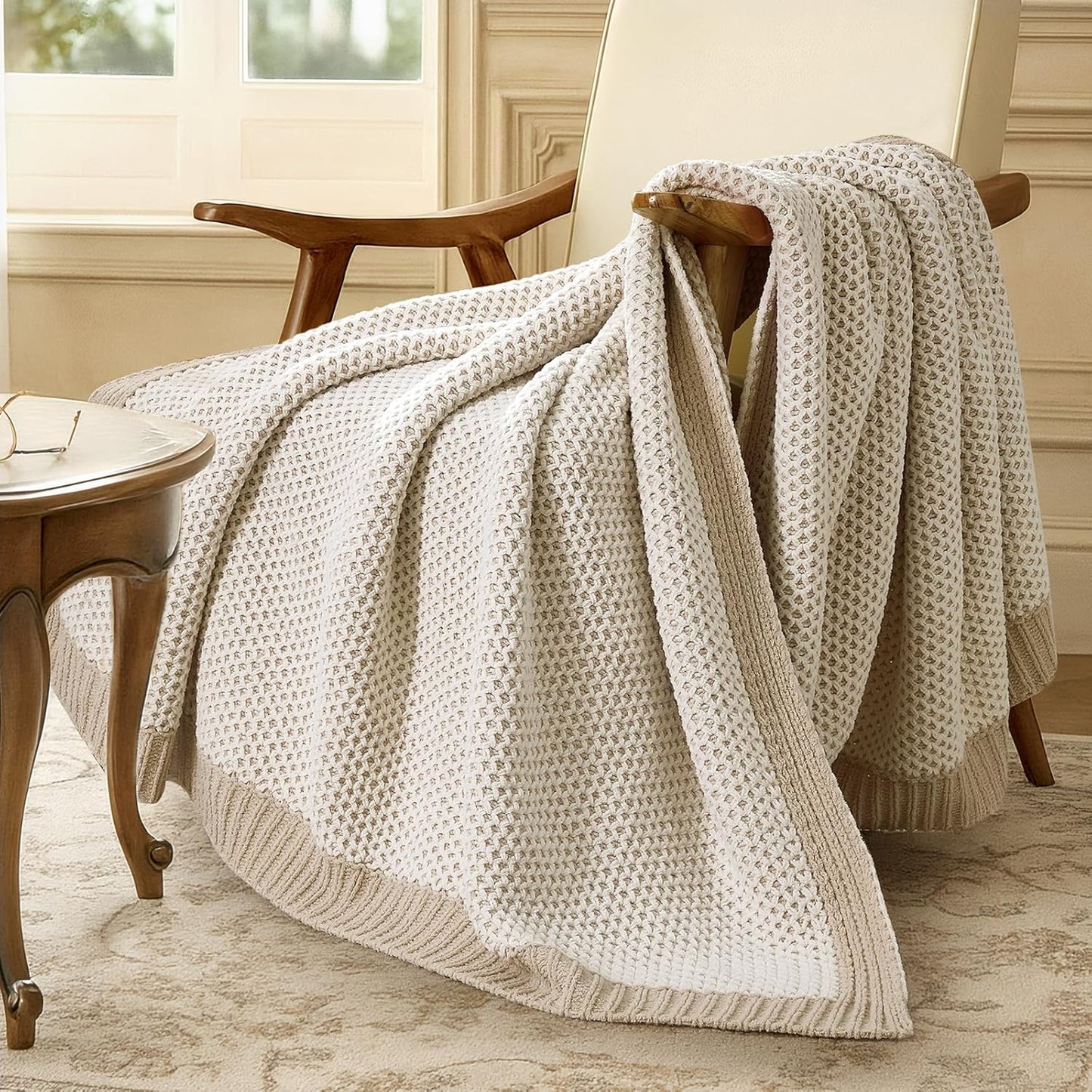 Amélie Home Honeycomb Knit Throw Blanket for Couch, Dual-Sided Soft Chenille Decorative Blankets for Sofa & Chair, 50"x60", Khaki & White