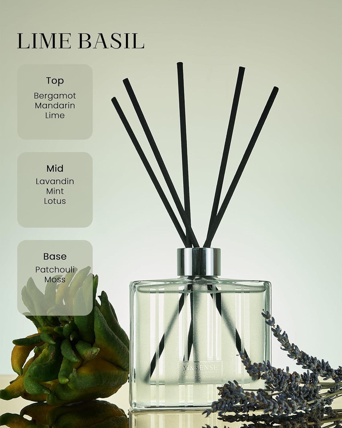 M&SENSE Lime Basil Reed Diffuser Set - 7.04oz Scent Diffusers for Home, Non-Toxic Essential Oil Diffuser with Sticks, Fragrance Diffuser Gift for Bedroom Bathroom Office