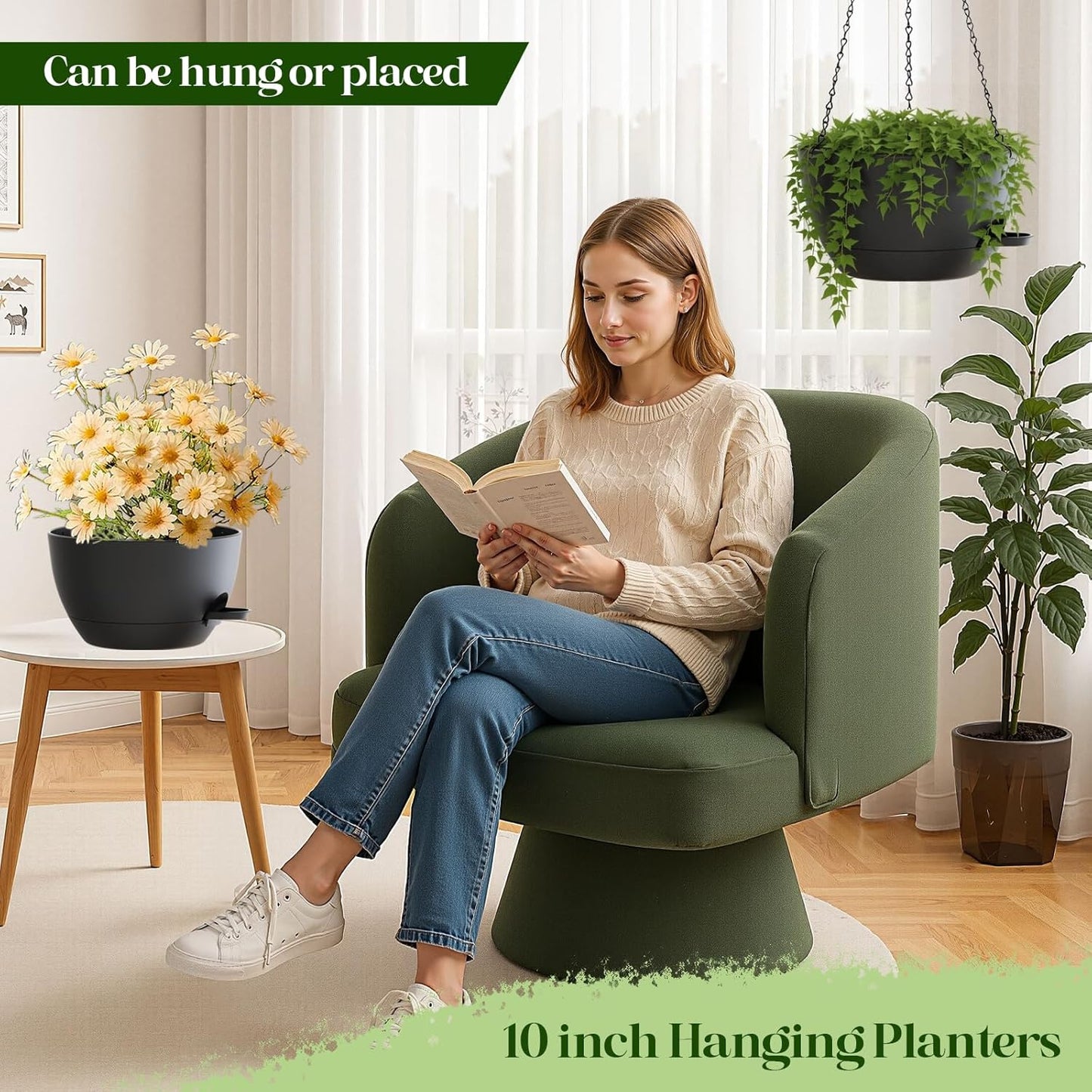 10 Inch Hanging Planters with Chains 2 Pack Self Watering Black Plastic Hanging Pots for Indoor Outdoor Plants, Garden Porch Home Decor (Black)