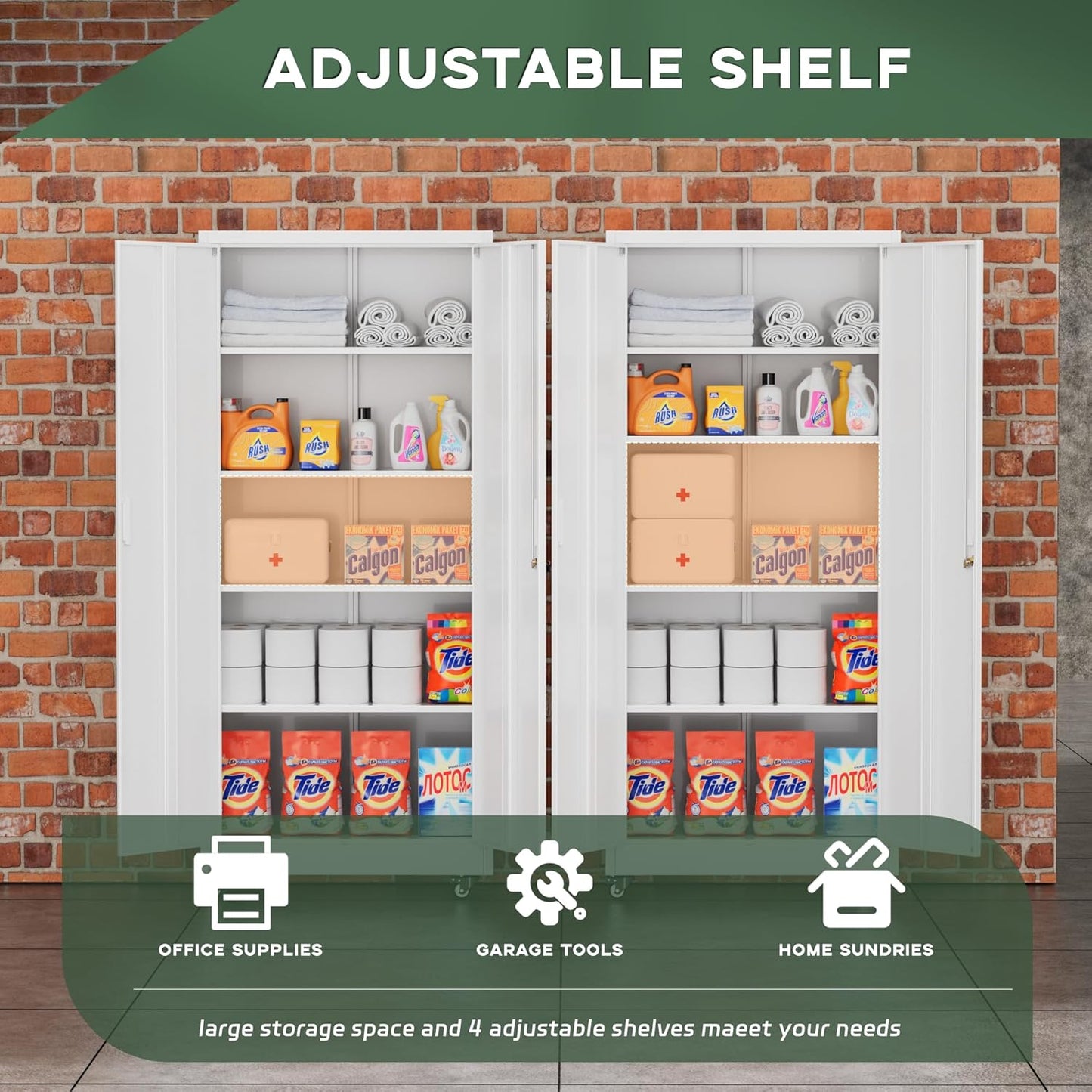 Greenvelly Metal Garage Storage Cabinet with Wheels, 73" White Steel Rolling Cabinet with 2 Door Lock and Adjustable Shelves,Locking Storage Cabinet for Garage Home Office Utility Room