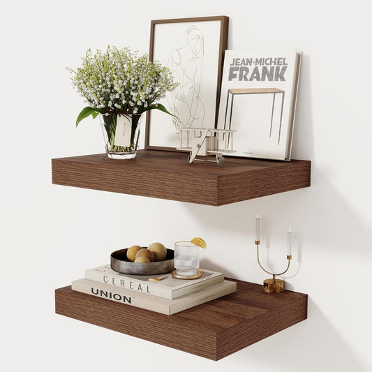12 Inch Deep Floating Shelves, 16 x 12 Floating Shelf for Books, Rustic Wood Deep Wall Shelves for Home Storage & Display, 2" Thicked Shelves for Kitchen, Living Room, Bedroom, Walnut Color, 2 Pack