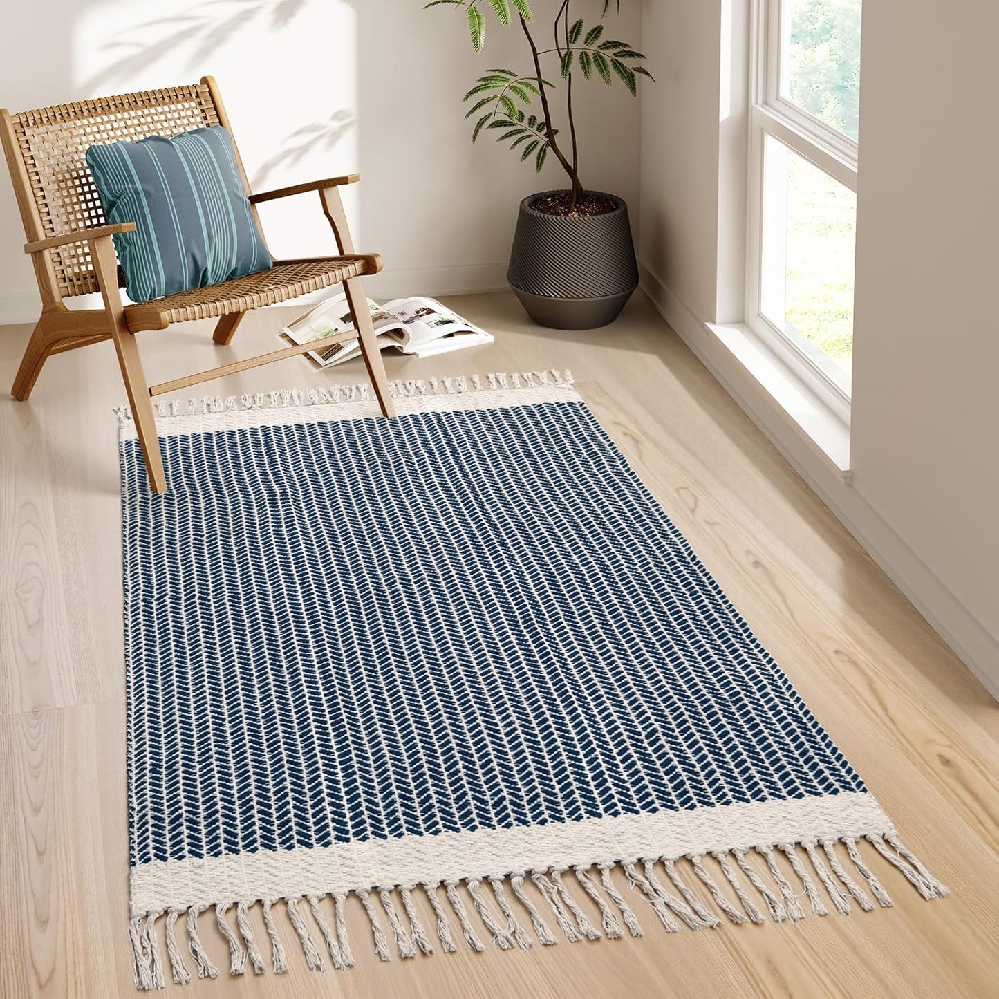 Lahome Boho Bedroom Rug, 3x5 Kitchen Rug Lightweight Rugs for Entryway Living Room Woven Washable Area Rug with Tassels, Farmhouse Navy Blue Throw Rugs Non Shedding Floor Carpet for Living Bedroom