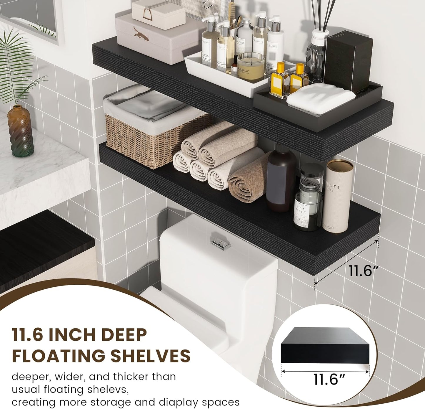 Deep Floating Shelves for Wall - 36 Inch Wide x 12 Inch Deep Black Floating Shelves Set of 2-36 Inch Distressed Black Wood Shelves for Living Room Laundry Room Kitchen Home Office