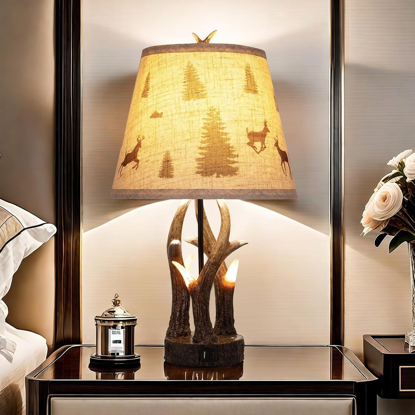 Rustic Antler Table Lamp Set of 2 – Touch-Control 3‑Level Dimming, Dual Light Source with Glowing Antler Night Light, USB‑C & USB‑A Charging Station, Bedroom & Living Room DécorLiving Room