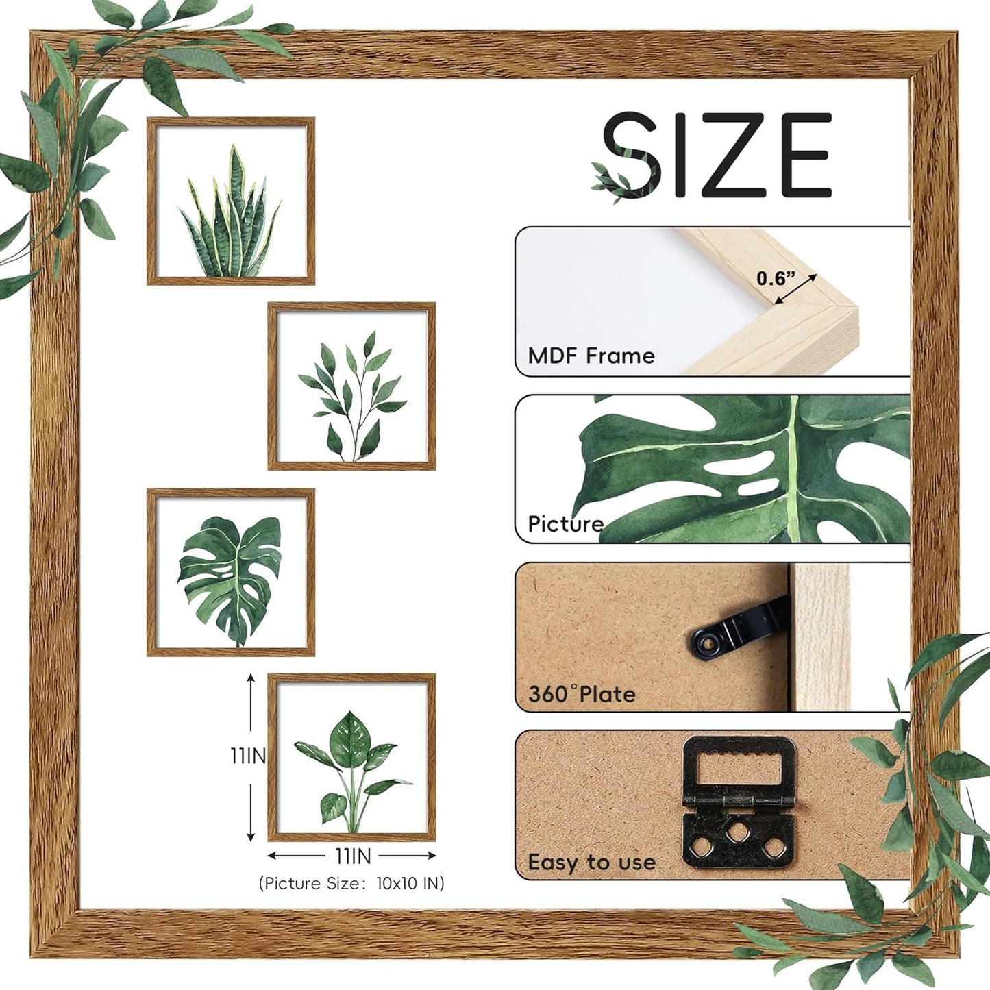 ArtbyHannah Framed Bathroom Wall Decor, Botanical Wall Art with Sage Green Plant Print for Bedroom Decoration, Minimalist Restroom Decor(Walnut, 8x8 Inch)