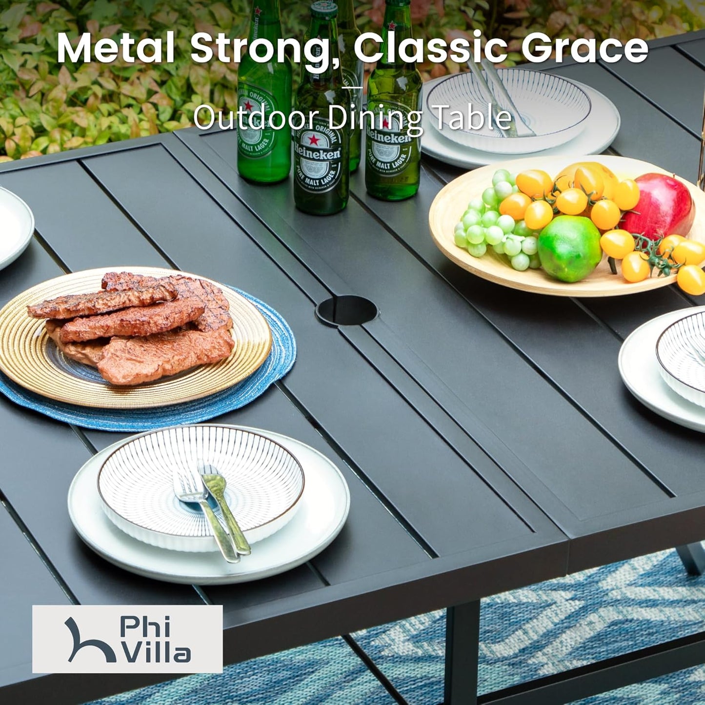 PHI VILLA 7 Pieces Patio Dining Table Set with Cushion for 6, Large Rectangular Metal Dining Table with Umbrella Hole & Cushioned Swivel Iron Chairs for Outdoor, Deck, Yard