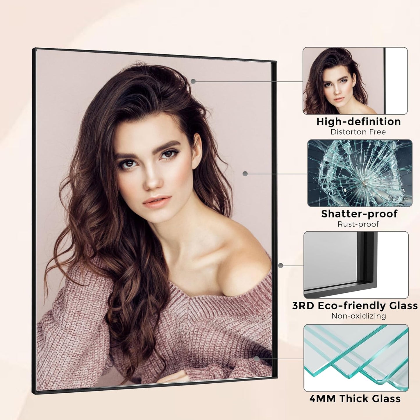 24x36 Inch Black Bathroom Mirror for Wall, Aluminum Frame Rectangle Rectangular Vanity Mirror, Modern Large for Bedroom, Living Room, Horizontal or Vertical