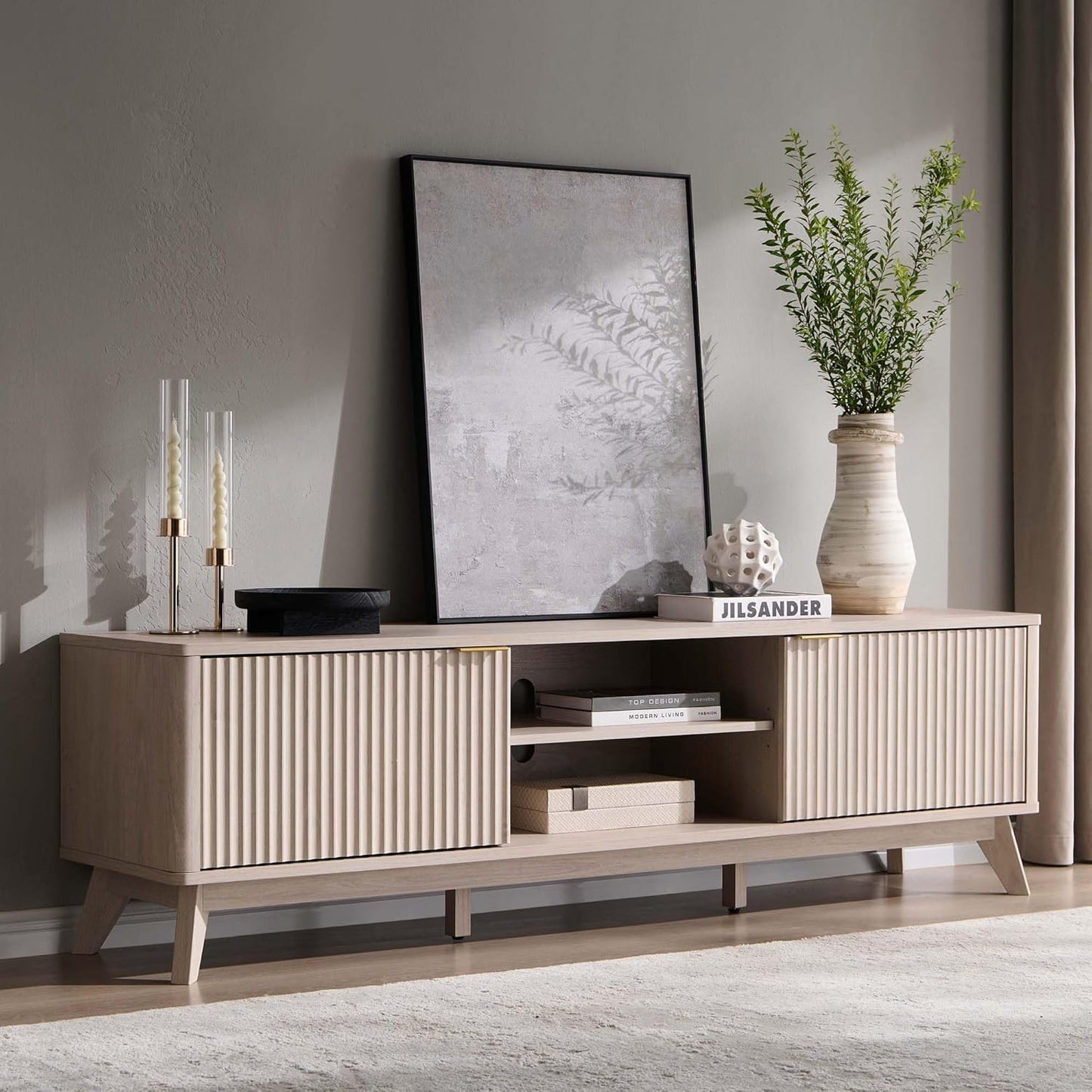 OKD 70" Mid Century Modern Fluted TV Stand, Entertainment Center, Sideboard, Media Console for Living Room with 2 Soft Close Door/Adjustable Shelves (Alder White)