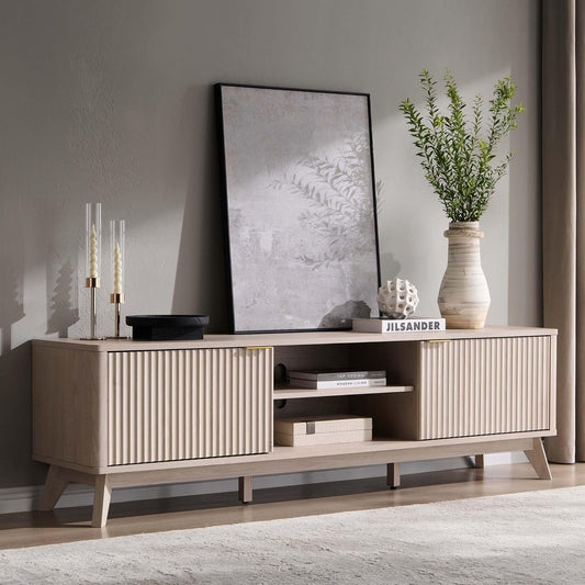 OKD 70" Mid Century Modern Fluted TV Stand, Entertainment Center, Sideboard, Media Console for Living Room with 2 Soft Close Door/Adjustable Shelves (Alder White)
