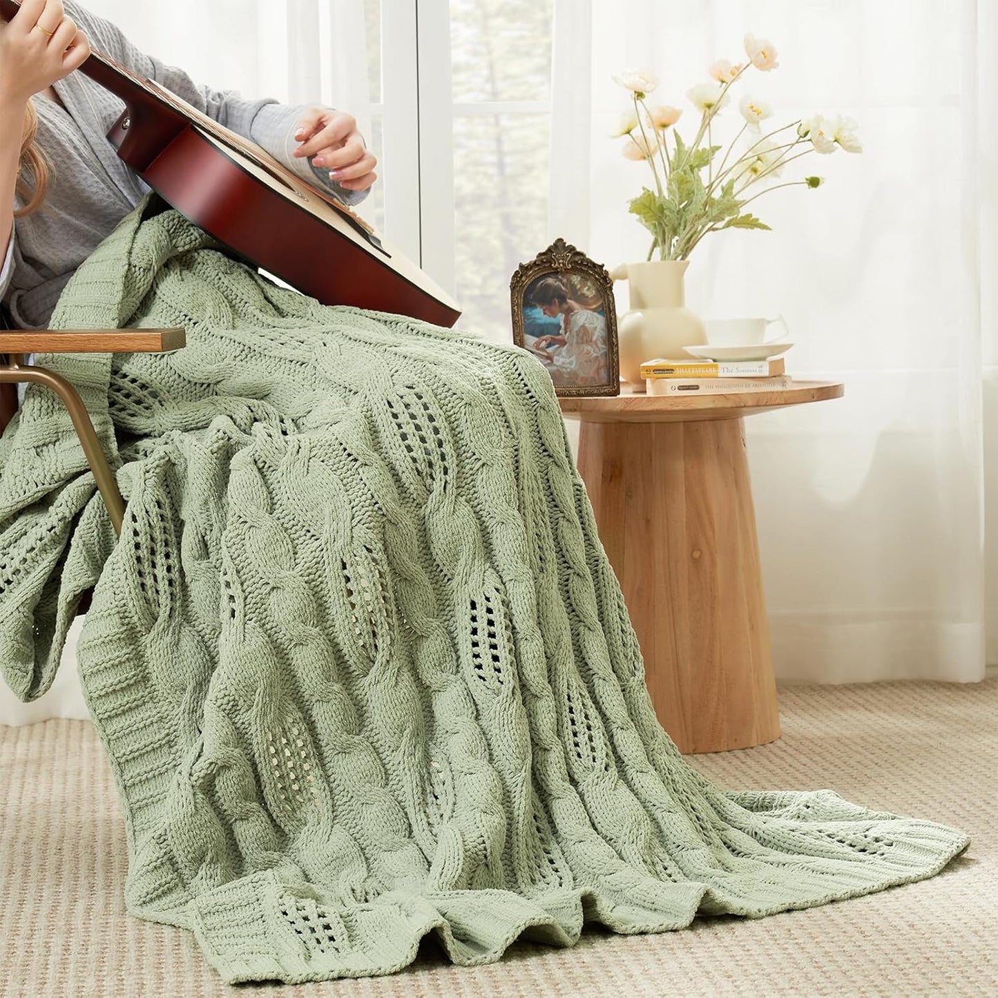 Amélie Home Chunky Knit Chenille Throw Blanket, Dual-Sided Soft Chenille Breathable Cable Knitted Blanket for Couch, Farmhouse Decorative Throw for Sofa & Chair, 60"x80", Sage Green