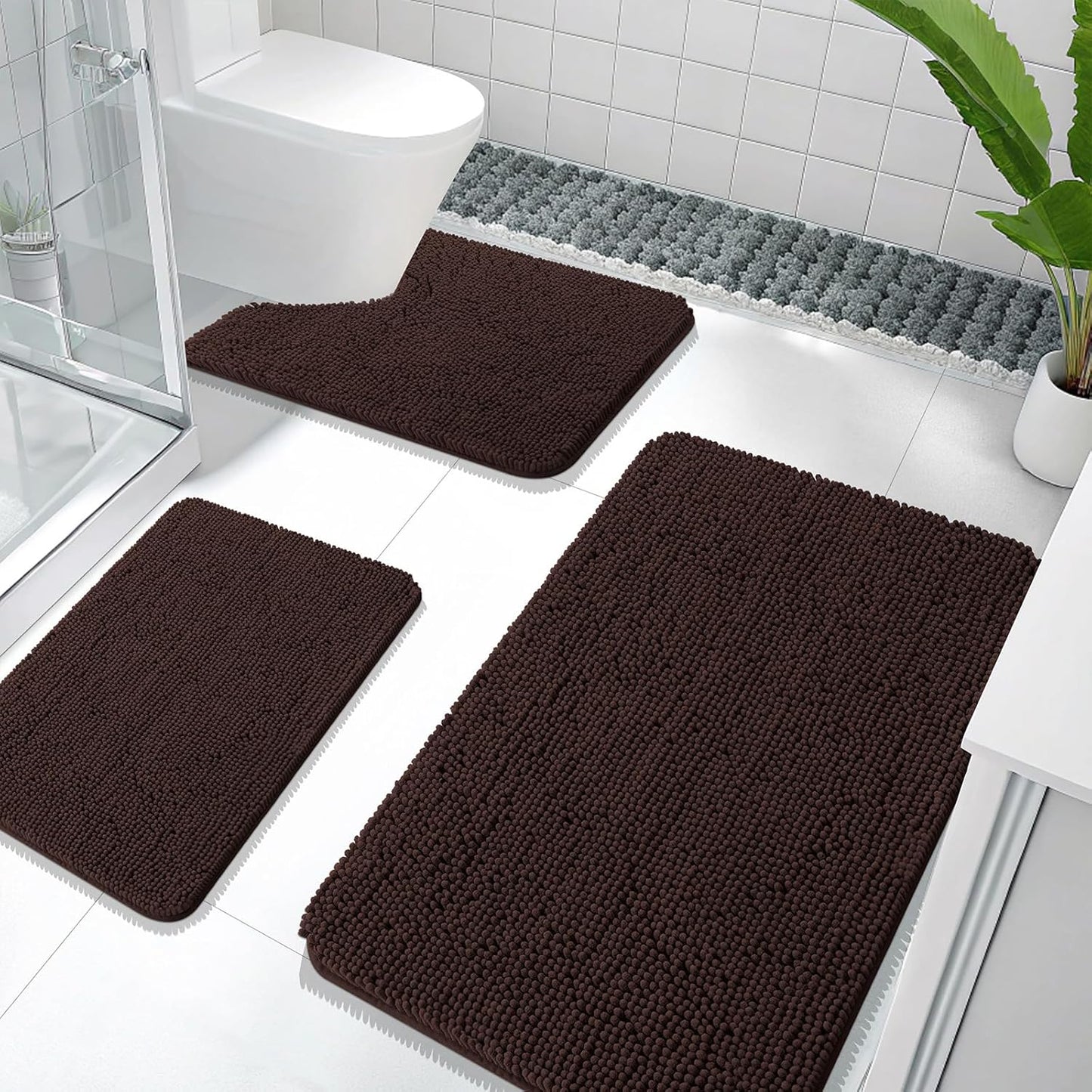 OLANLY Bathroom Rugs Sets 3 Piece, Soft Absorbent Chenille Bath Mats and U-Shaped Contour Toilet Rug, Quick Dry, Home Decor Accessories, Bath Mat Set for Bathroom (36"x24"+24"x16"+24"x20", Brown)