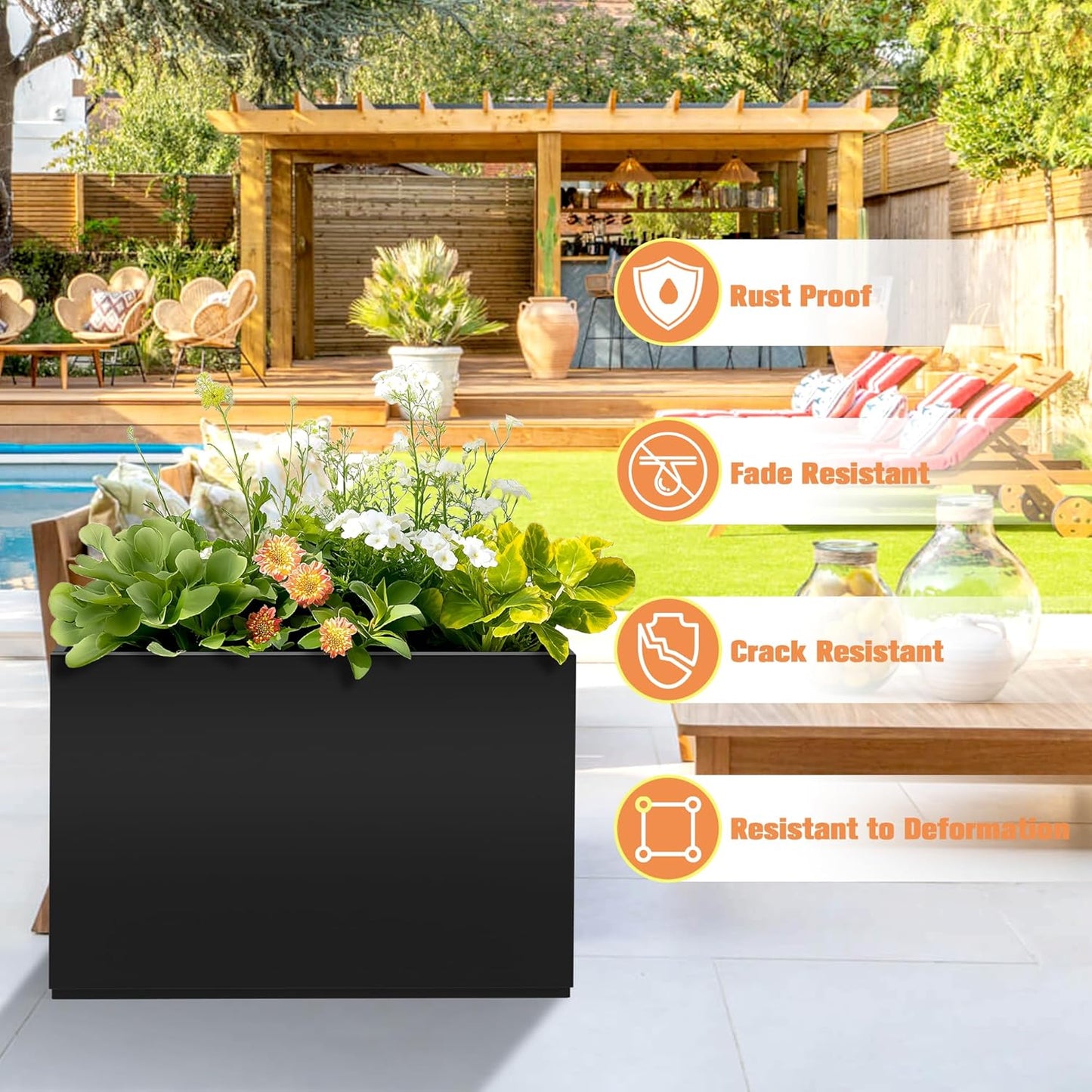 Large Rectangle Planter Metal Black Planter Box with a Drainage Hole and a Removable Divider Indoor Outdoor Porch Pots for Tall Plants, Trees, Flowers 35.43" x 9.06" x 25.59" Black