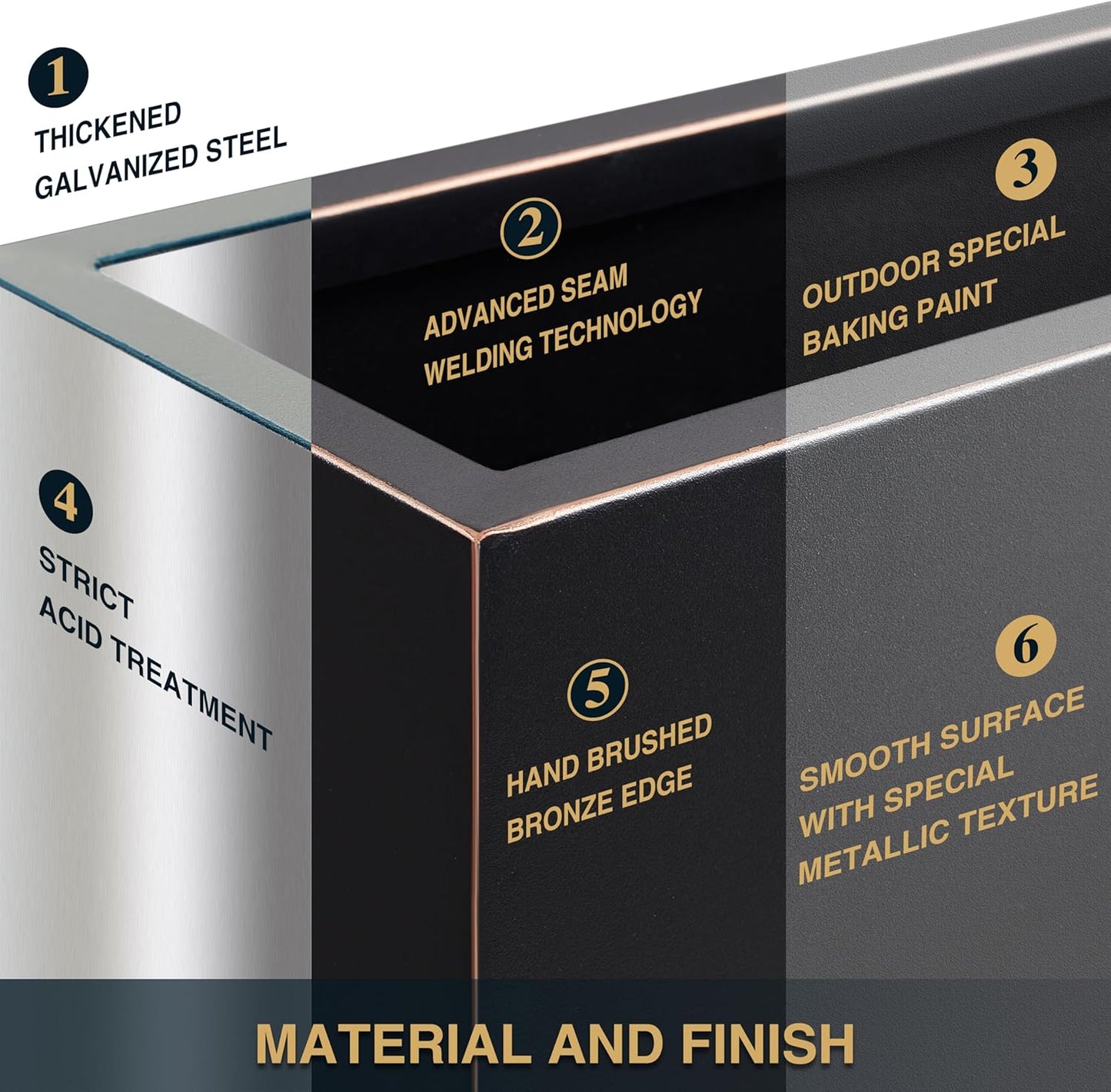 Wallowa Metallic Heavy Outdoor Planter Box, Span Planter, Long and Tall Divider, 30Lx10Wx24H, Black with Gold Rim, 30.8 Pounds