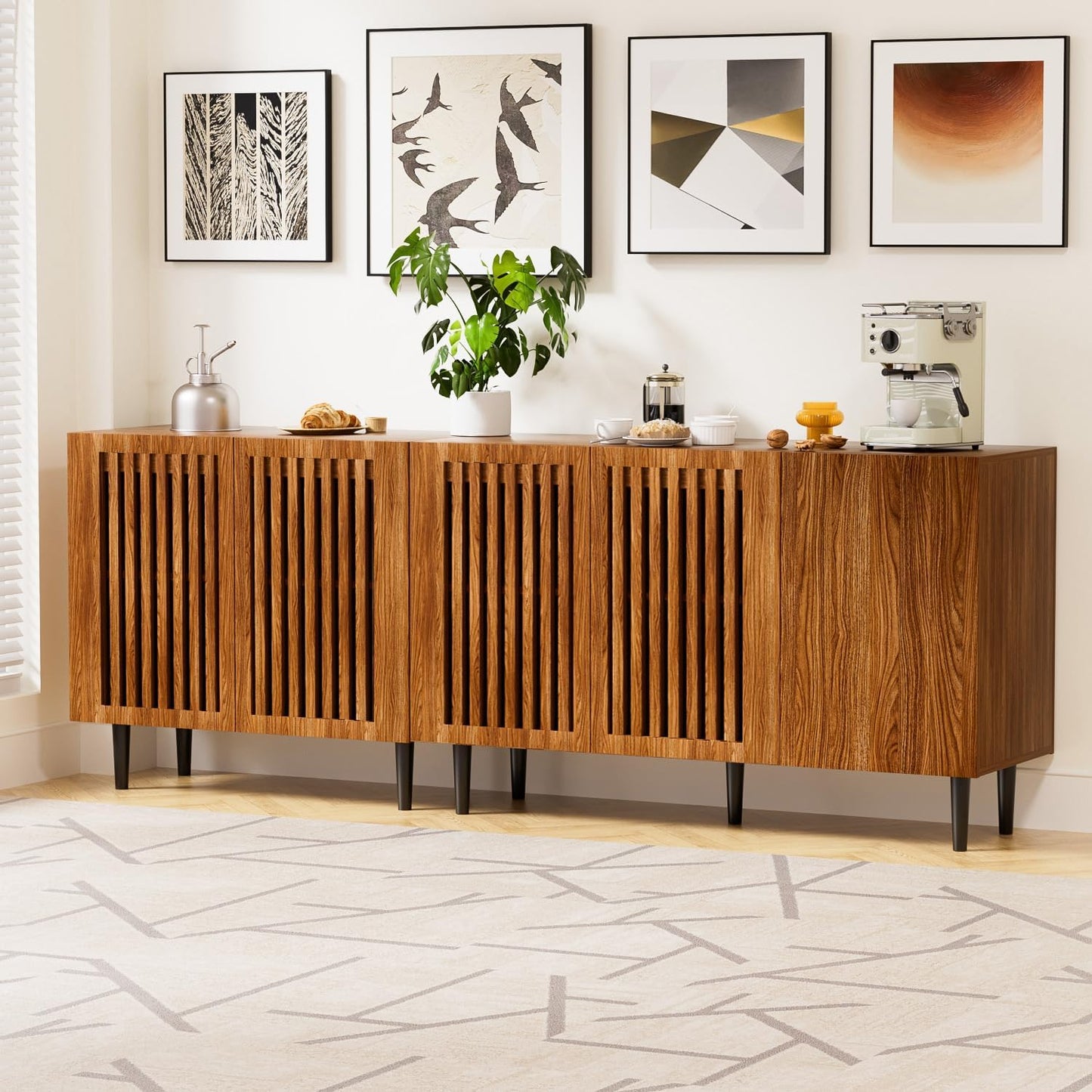 CHUWELL Farmhouse TV Stand, 78.7" Storage Cabinet with 5 DIY Doors and Adjustable Shelf, Sideboard Coffee Bar Cabinet with Solid Wood Feet for Kitchen,Dining Room,Living Room,Brown