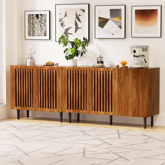 CHUWELL Farmhouse TV Stand, 78.7" Storage Cabinet with 5 DIY Doors and Adjustable Shelf, Sideboard Coffee Bar Cabinet with Solid Wood Feet for Kitchen,Dining Room,Living Room,Brown