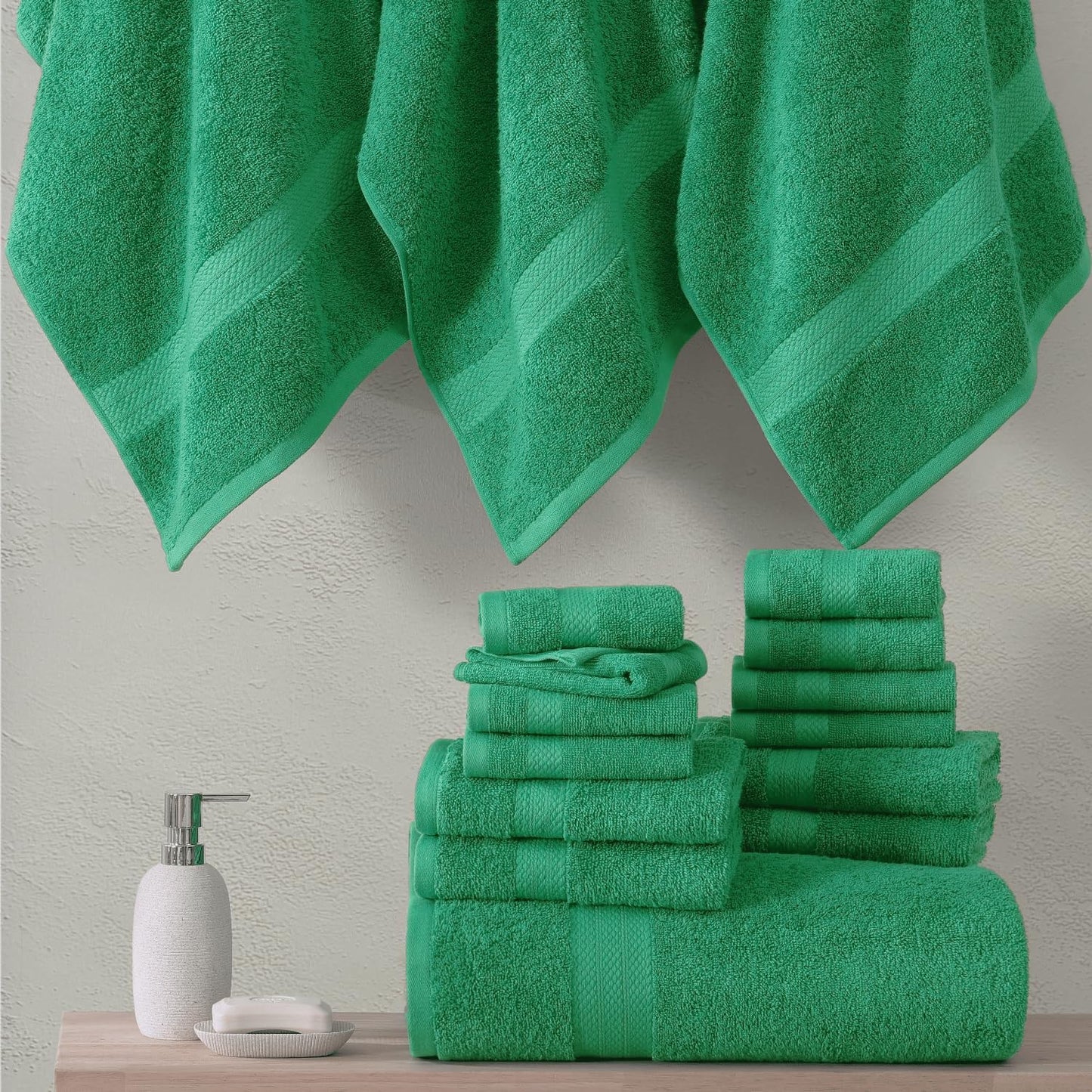 LANE LINEN 100% Cotton 16 Piece Bath Towel Set - Ring Spun, Quick Dry, Super Soft & Highly Absorbent - 4 Bath, 8 Washcloths, 4 Hand Towels for Bathroom - Hotel Quality Bathroom Towel Set - Emerald