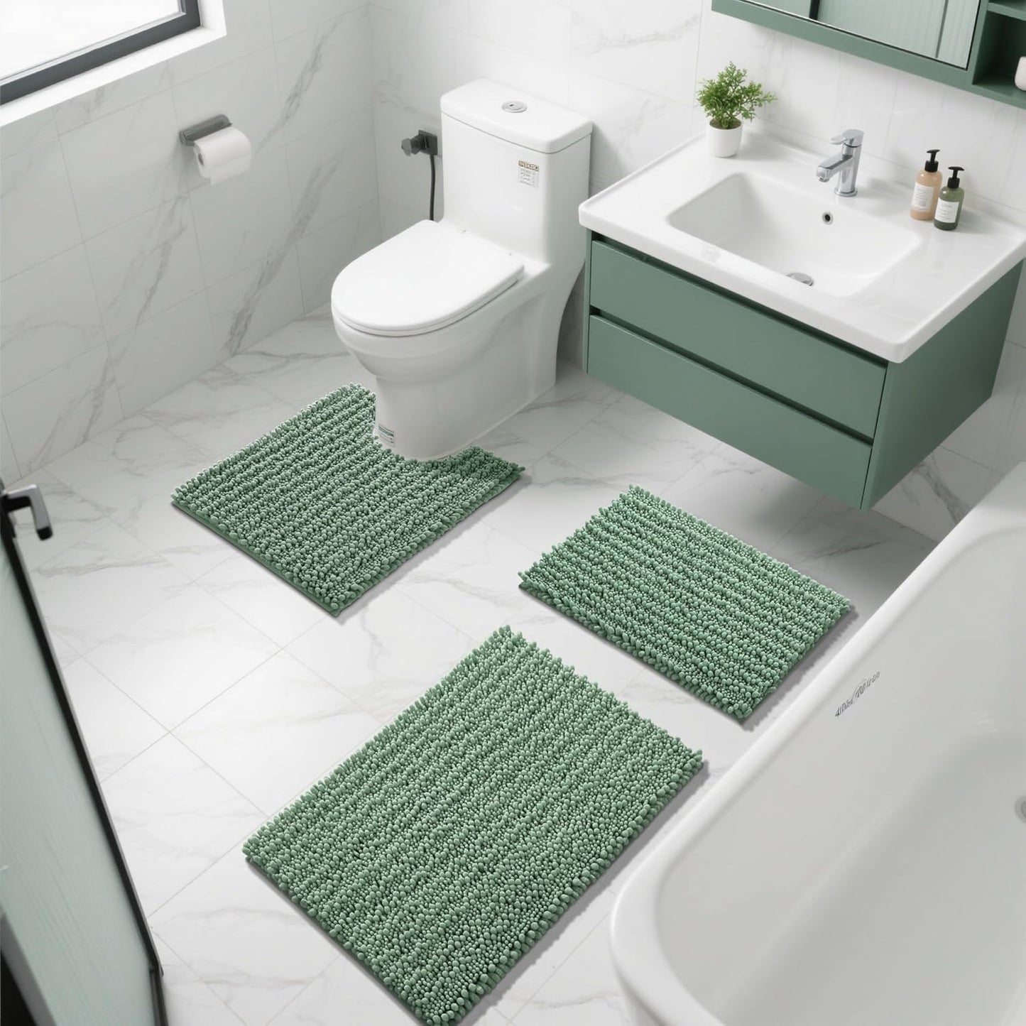 Yimobra Bathroom Rugs Sets 2 Piece - Quick Dry Extra Thick Luxury Chenille Bath Mat, Non Slip Super Absorbent for Tub Shower Sink, Machine Washable Shaggy Floor Mat, 24"x17+24"x20" Inch, Green