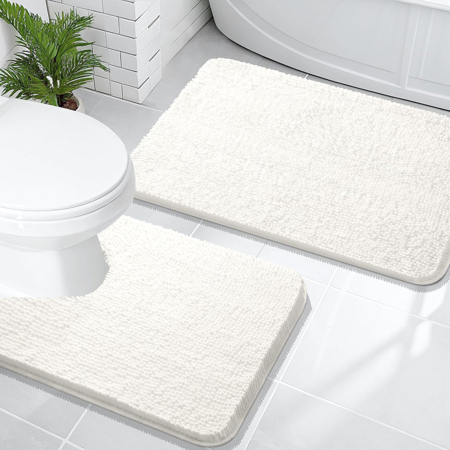 OLANLY Bathroom Rugs Sets 2 Piece, Soft Absorbent Chenille Bath Mats and U-Shaped Contour Toilet Mat Area Rug Set, Machine Washable Bath Carpet, Home Decor Accessories(30"x20"+24"x20", Ivory)