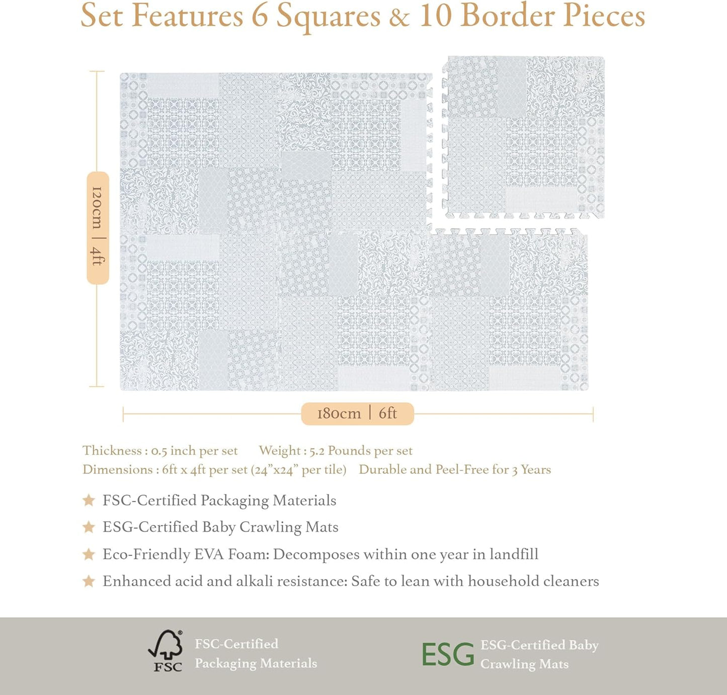 Popsykosy Premium Exercise & Baby Foam Play Mats - Stylish & Large Non-Toxic Puzzle Floor Mat - 6 Tiles - Spacious 6ft x 4ft - Peel-Resistant Reinforced Version - Soft, Thick, Waterproof -Totem Gray