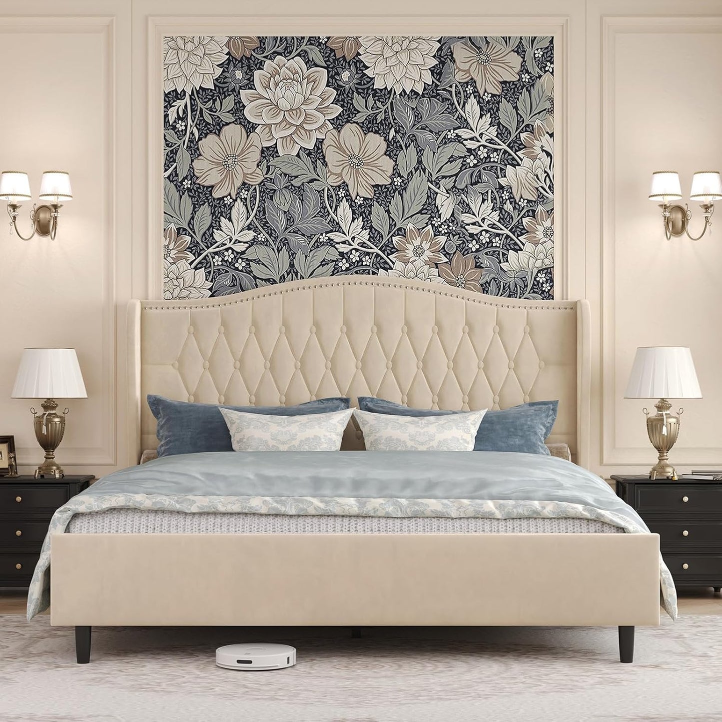 Belffin King Bed Frame and Headboard, Luxury Upholstered Velvet Platform Bed with Wingback, Button Tufted & Nailhead Trim, Anti-Slide Tall Footboard, No Box Spring Needed, Noise-Free, Beige