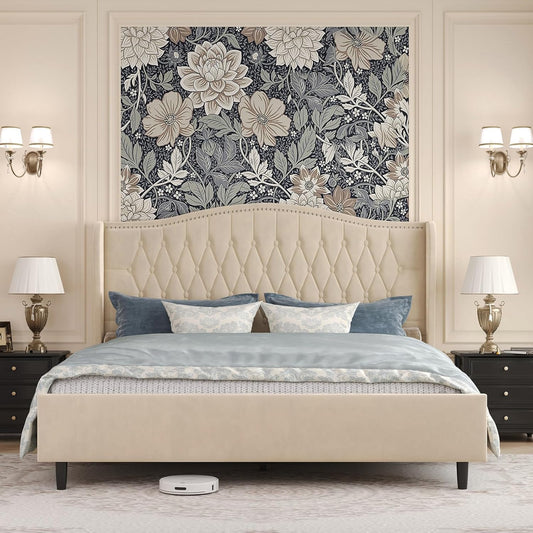 Belffin King Bed Frame and Headboard, Luxury Upholstered Velvet Platform Bed with Wingback, Button Tufted & Nailhead Trim, Anti-Slide Tall Footboard, No Box Spring Needed, Noise-Free, Beige