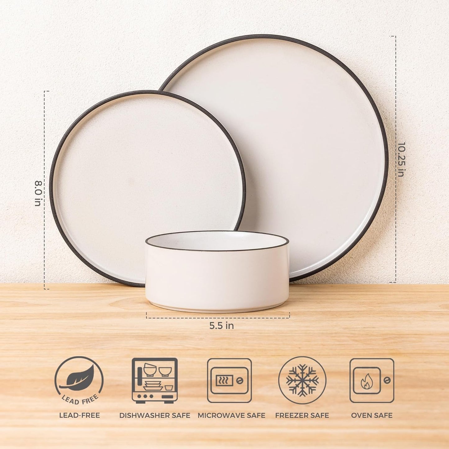 LERATIO Ceramic Dinnerware Sets for 6, High Edge Stoneware Plates and Bowls Set, Chip and Crack Resistant | Oven & Dishwasher & Microwave Safe Dishes Set, Service for 6 -Creamly White