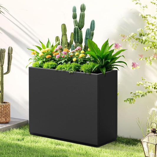 Large Rectangle Planter Metal Black Planter Box with a Drainage Hole and a Removable Divider Indoor Outdoor Porch Pots for Tall Plants, Trees, Flowers 29.92"x 12.01" x 24.02" Black