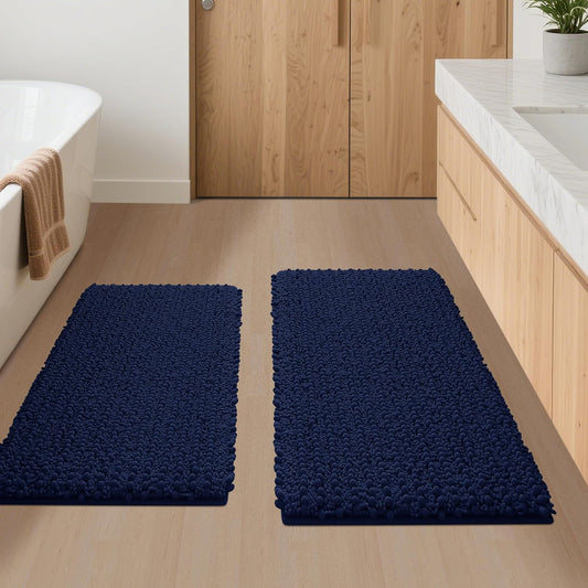 ACCUMTEK Upgrade Luxury 2 Piece Navy Blue Toilet Bathroom Rug Mat 32"x20"+24"x17", Ultra Soft Thick Absorbent Bath Mats, Non Slip Chenille Toilet Mat for Bathroom, Bedroom, Kitchen, Shower, Tub