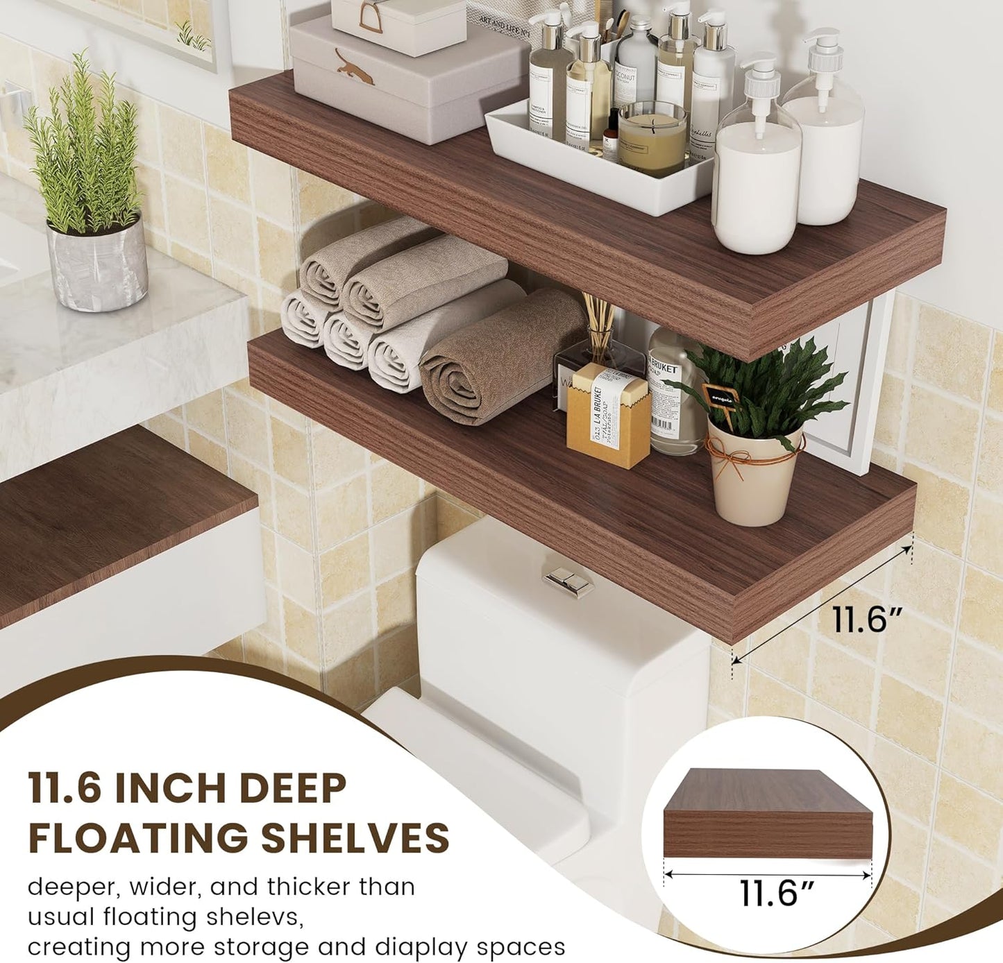 30 Inch Floating Shelves for Wall - 30 Inch Wide x 12 Inch Deep Walnut Floating Shelves Set of 2 - Rustic Wide Wood Wall Shelves for Living Room Bathroom Laundry Room Kitchen Home Office
