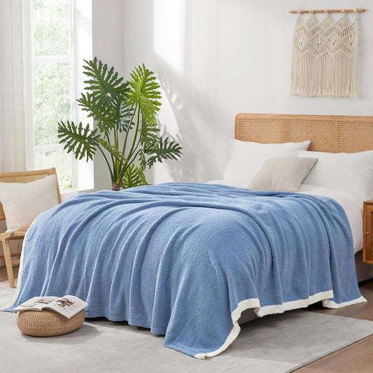 Snuggle Sac Blue Bedding Blankets Queen Size 90x90 inches, Reversible Microfiber Fluffy Fuzzy Soft Throw Cozy Knit Blanket for Women Mothers Birthday Gifts