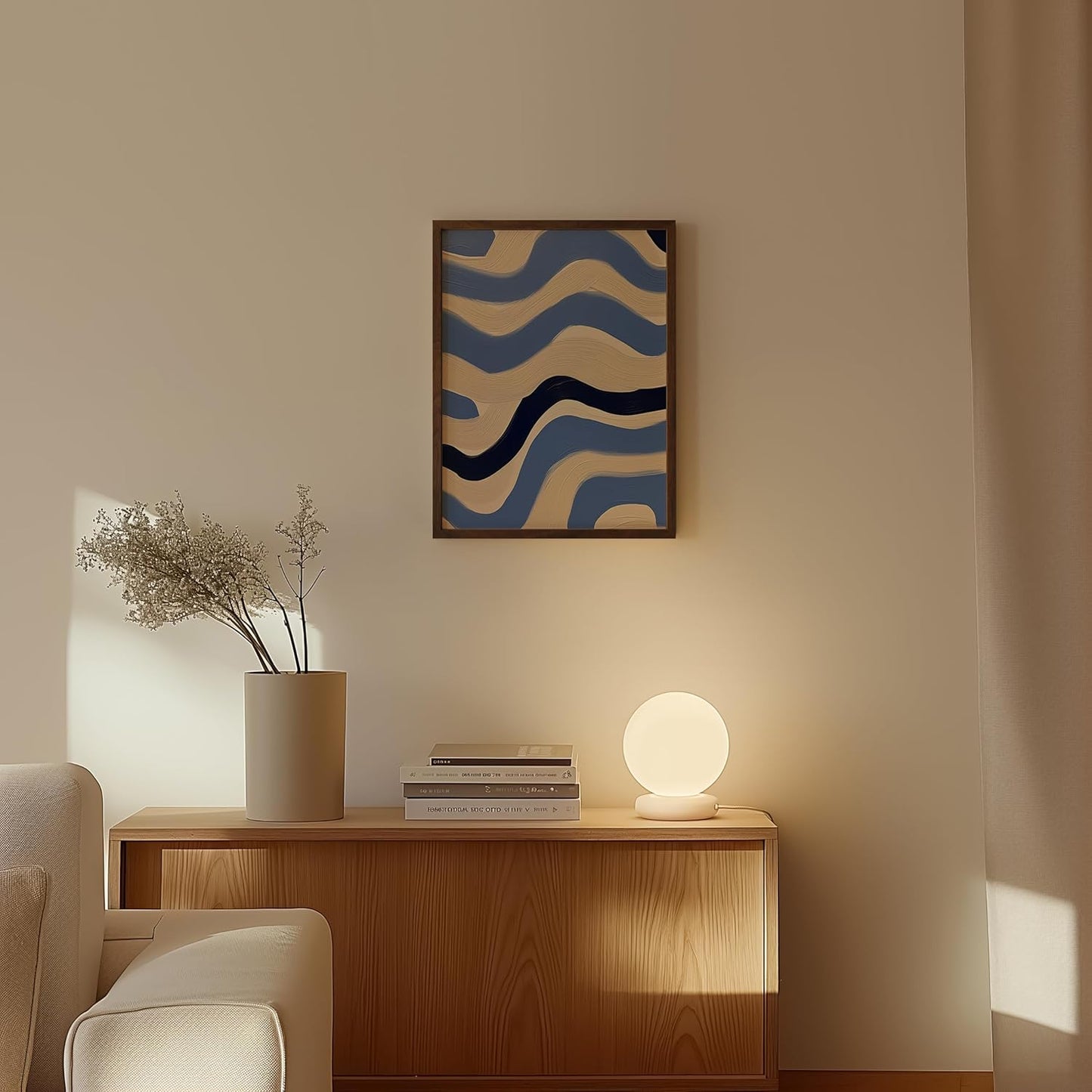 HAUS AND HUES Modern Abstract Wall Art - Blue and Green Living Room Art, Modern Artwork for Walls, Minimalist Picture for Living Room(Blue Abstract Pattern 4, Walnut Frame, 12x16)