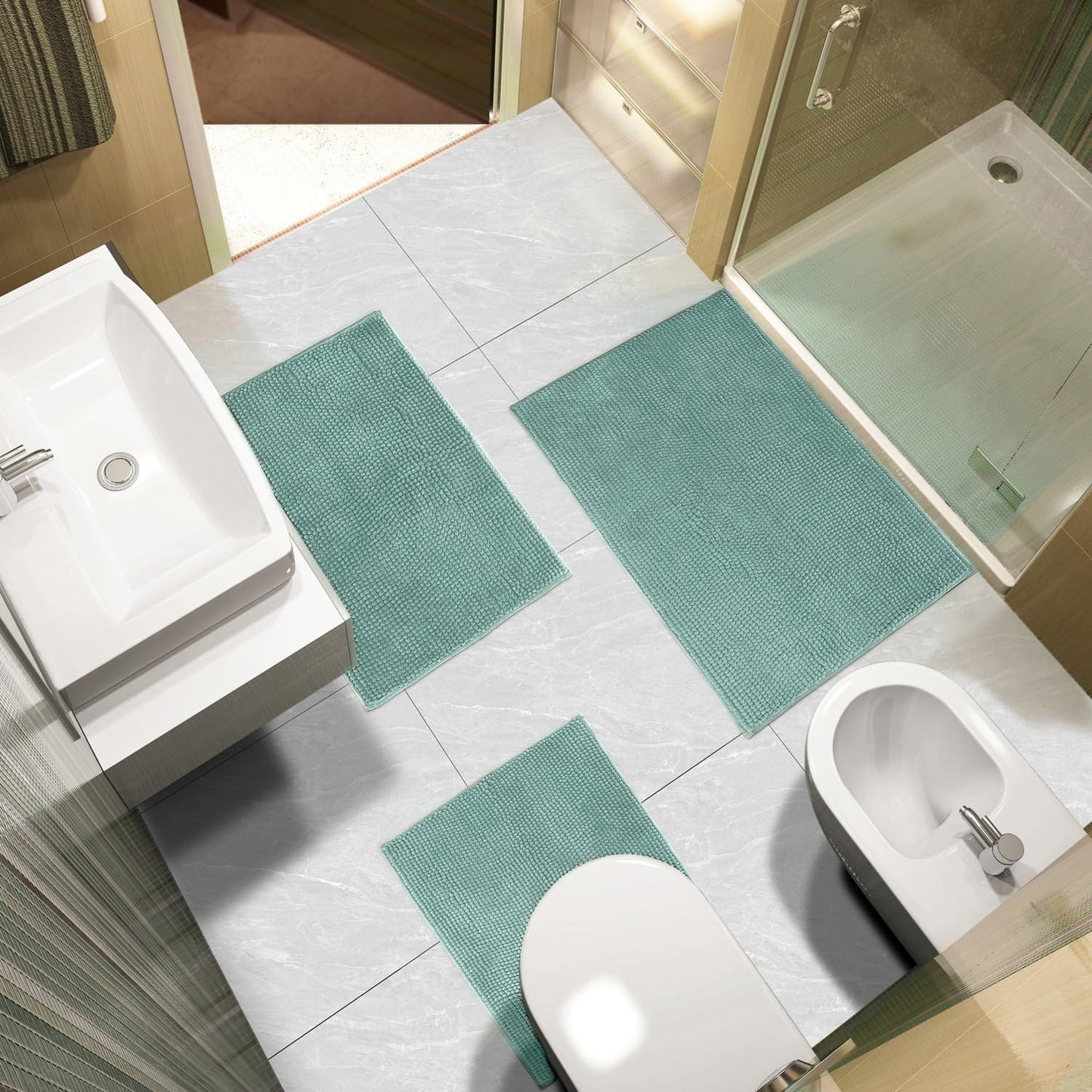 Urvoix Bathroom Rugs Sets 3 Piece, Non-Slip Chenille Bath Rug - Ultra Soft, Washable, Super Absorbent Bath Mat for Bathroom, Toilet and Tub (Aqua Sea)