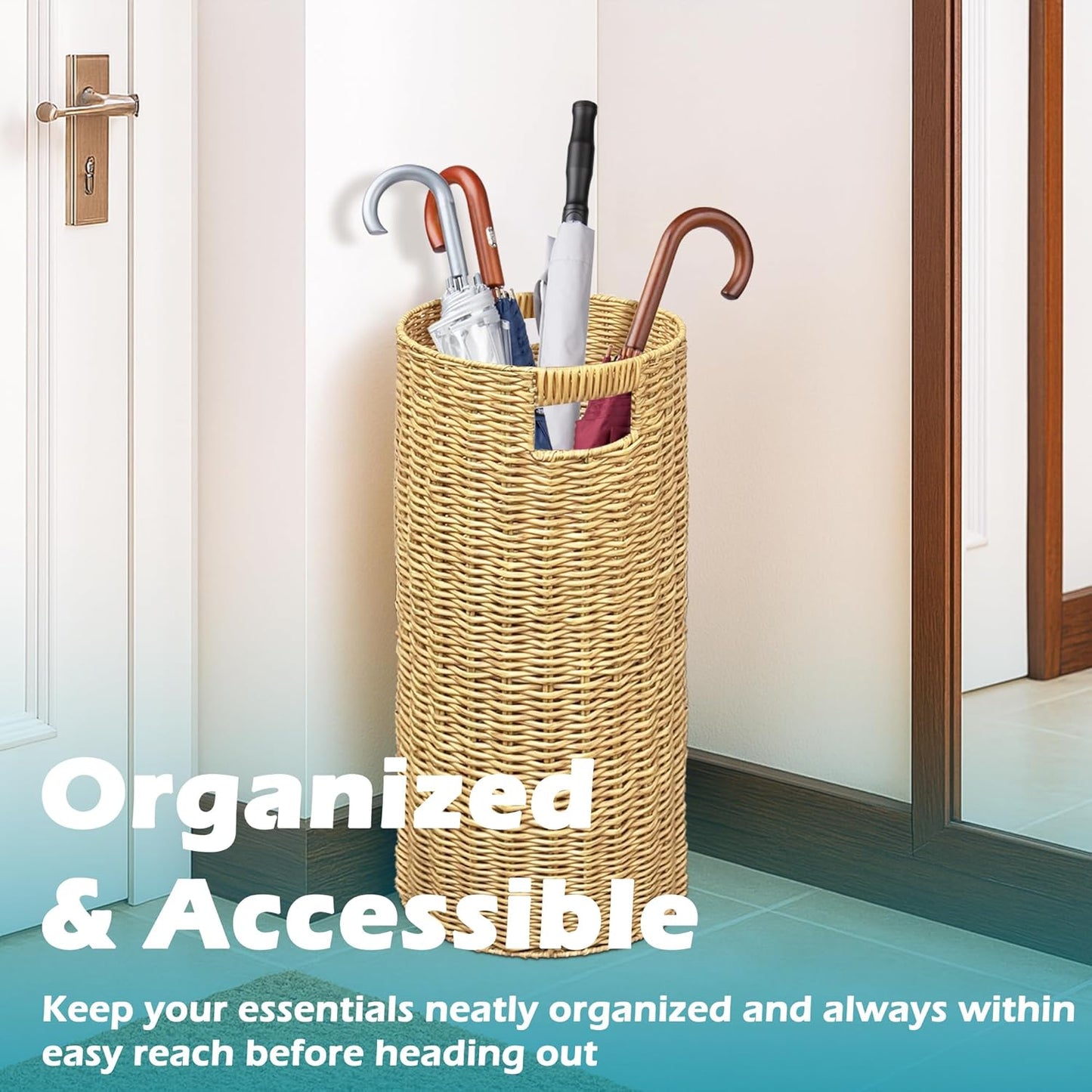 Rattan Umbrella Holder 20.8" H X 10" D,Handmade Wicker Umbrella Stand Indoor with Dip Tray,Sturdy Umbrella Holders for Entryway,Umbrella Bucket Fits Mudroom,Walking Canes,Home,Office (Oak)