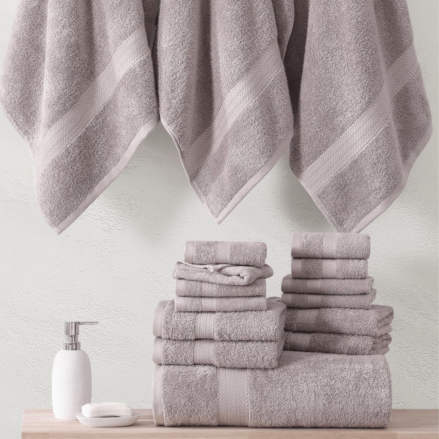 LANE LINEN 100% Mercerized Cotton Bathroom Towel Set - 16 Pcs - Ring Spun, Fluffy, Soft & Highly Absorbent - 4 Bath, 8 Washcloths, 4 Hand Towels - Avaialable in Wide Variety of Colours - Platinum