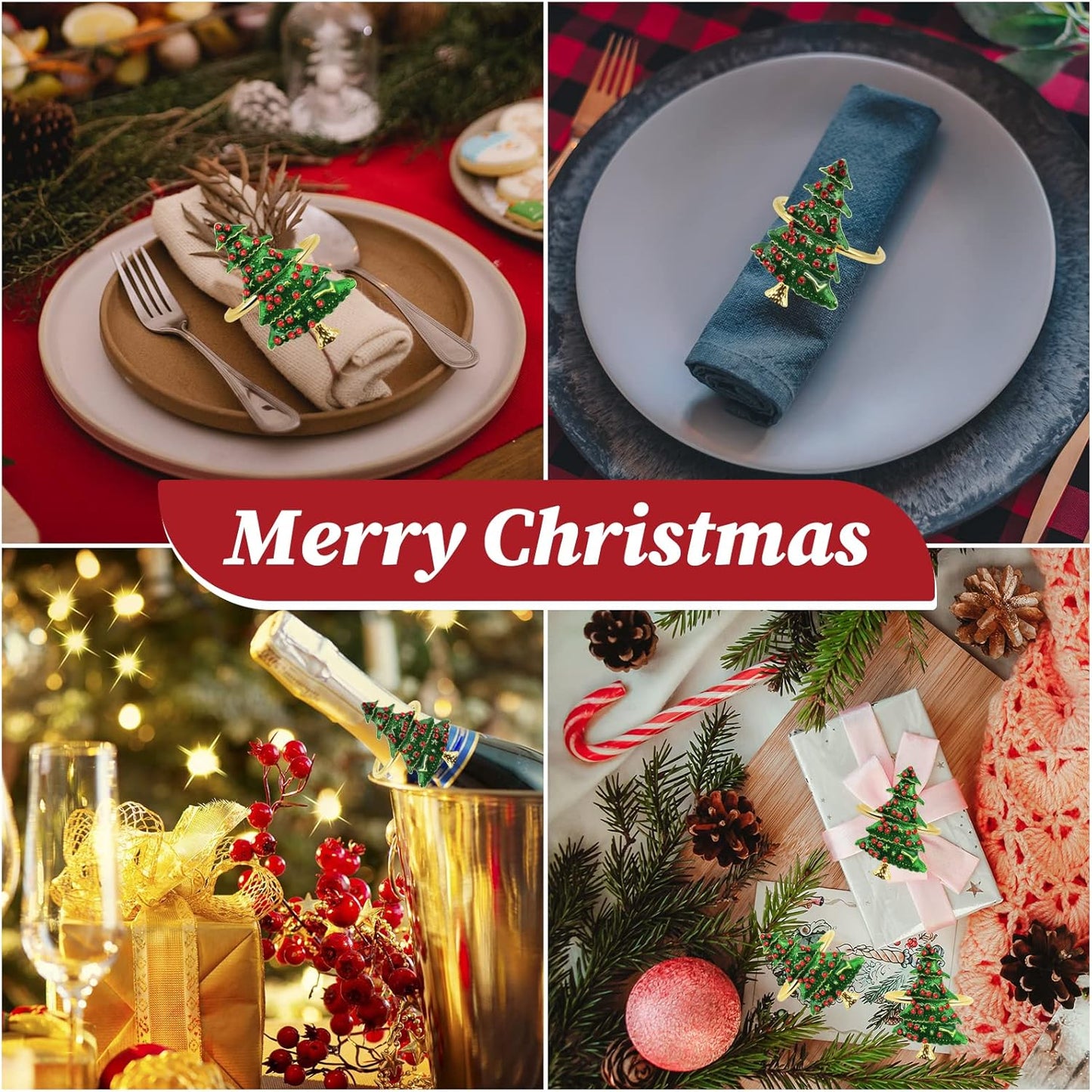 Legigo Set of 12 Christmas Tree Napkin Rings Set- Metal Xmas Napkin Ring Holders for Cloth Napkins, Christmas Holiday Party Dinner Table Decoration