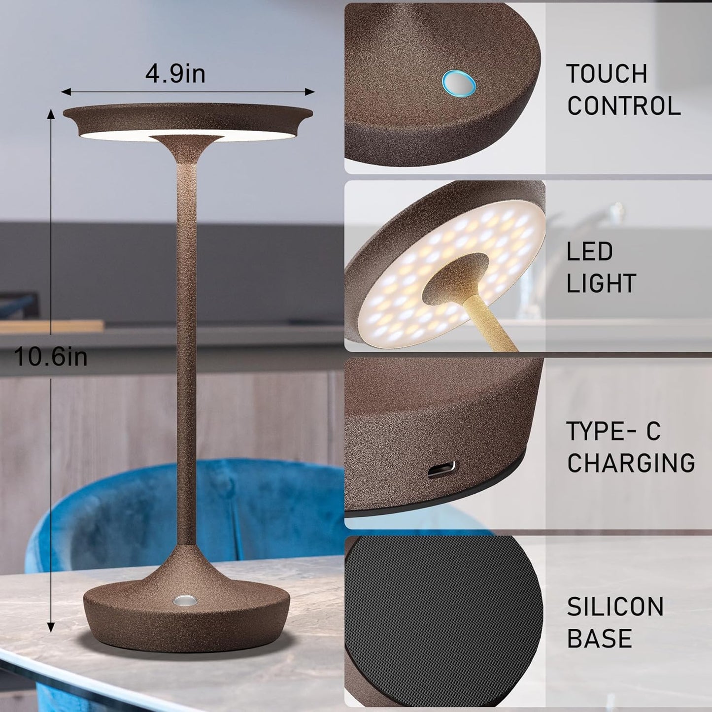 YHT Cordless Rechargeable Table Lamps, Portable 6000mAh Battery Desk Lamp Waterproof 3 Color Stepless Dimming LED Table Light with Memory Function for Outdoor/Dinning/Patio/Restaurant (Rust 1Pack)