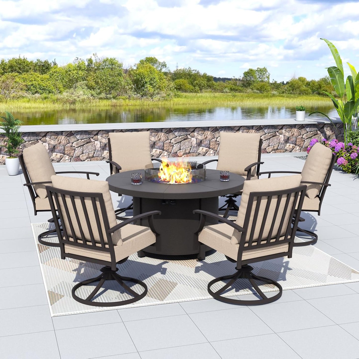 Kurapika 7 Piece Metal Outdoor Patio Furniture Set with Round Fire Pit Table, Patio Conversation Sets 6 Swivel Chairs with Thick Cushion and 40000 BTU Fire Pit Table, Sand