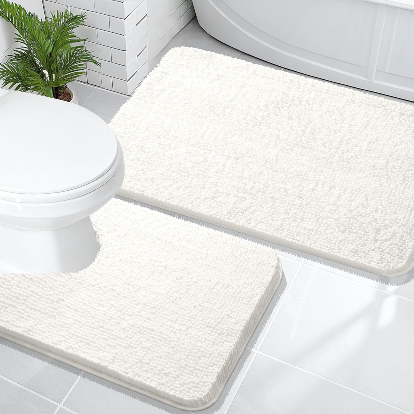 OLANLY Bathroom Rugs Sets 2 Piece, Soft Absorbent Chenille Bath Mats and U-Shaped Contour Toilet Mat Area Rug Set, Machine Washable Bath Carpet, Home Decor Accessories(36"x24"+24"x20", Ivory)