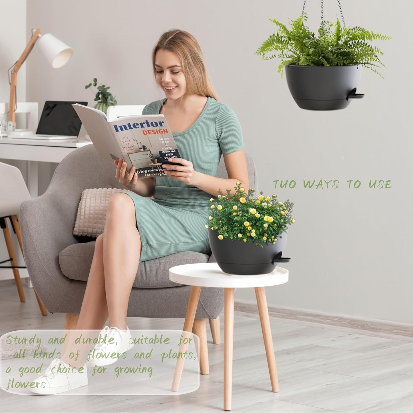 10 Inch Hanging Baskets 2 PC with Chains, Self-Watering Hanging Planters for Indoor Outdoor Plants, Plastic Hanging Flower Pots,Black