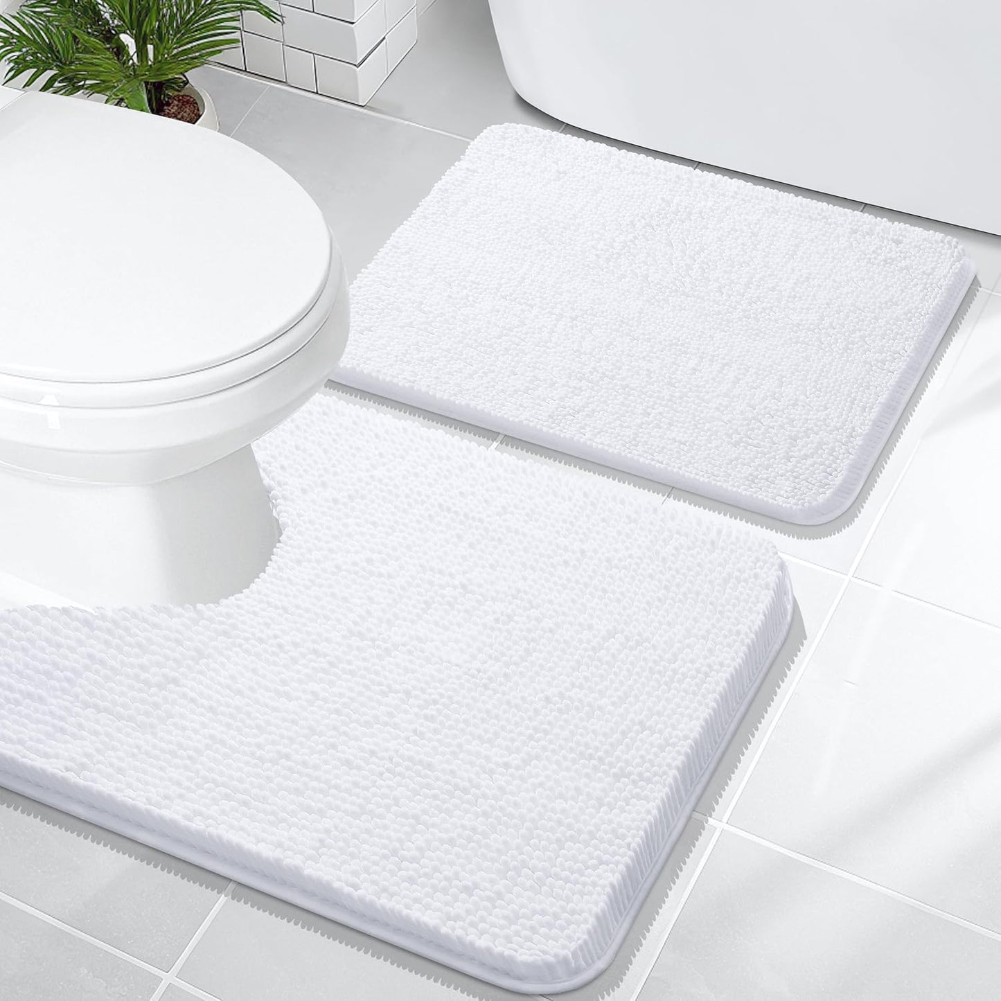 OLANLY Bathroom Rugs Sets 2 Piece, Soft Absorbent Chenille Bath Mats and U-Shaped Contour Toilet Mat Area Rug Set, Machine Washable Bath Carpet, Home Decor Accessories(24"x16"+24"x20", White)