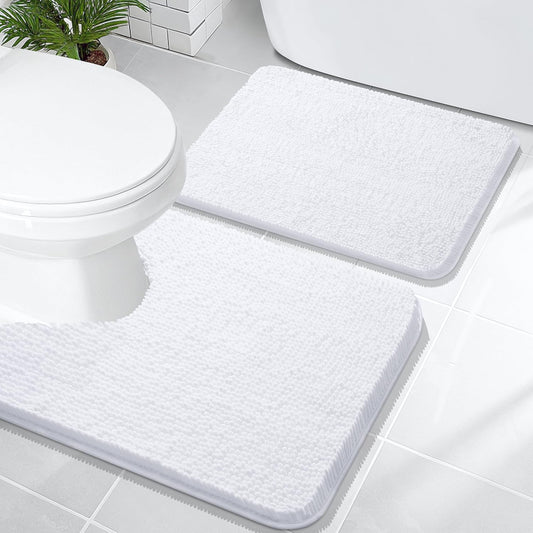 OLANLY Bathroom Rugs Sets 2 Piece, Soft Absorbent Chenille Bath Mats and U-Shaped Contour Toilet Mat Area Rug Set, Machine Washable Bath Carpet, Home Decor Accessories(24"x16"+24"x20", White)