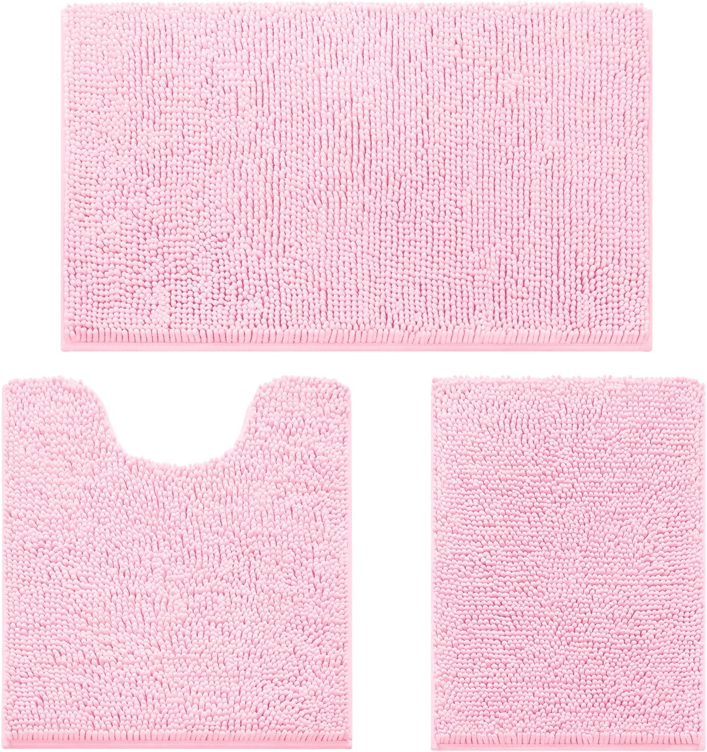 HOMEIDEAS 3 Pieces Bathroom Rugs, Ultra Soft Non Slip Absorbent Chenille Toilet Bath Mat Set (Light Pink,17"x24"+20"x32"+U Shape 20"x24")