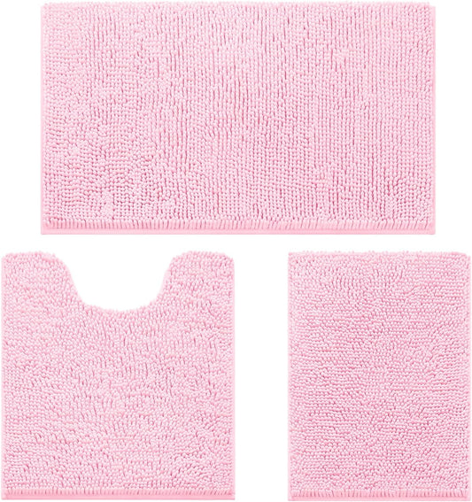 HOMEIDEAS 3 Pieces Bathroom Rugs, Ultra Soft Non Slip Absorbent Chenille Toilet Bath Mat Set (Light Pink,17"x24"+20"x32"+U Shape 20"x24")