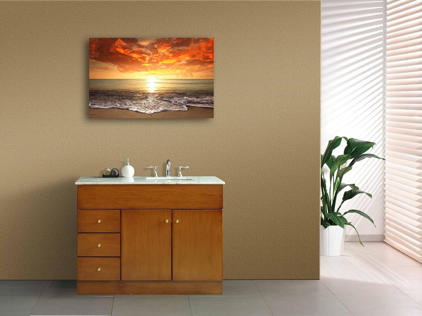 Baisuart-S0169 Canvas Prints Wall Art Sunset Ocean Beach Pictures Photo Paintings for Living Room Bedroom Home Decorations Modern Stretched and Framed Seascape Waves Landscape Giclee Artwork