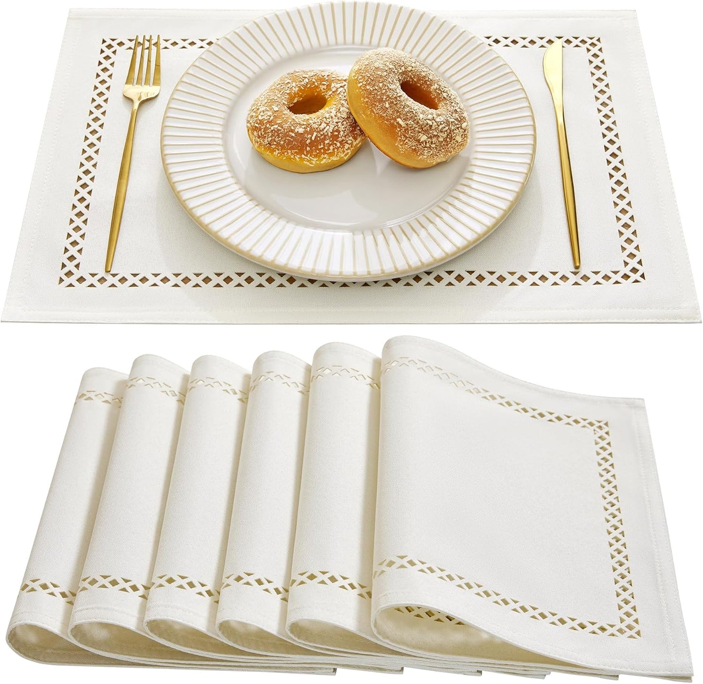 Burlap Placemats Set of 6, 12 x 18 Inch Rustic Geometric Hollow Place Mats, Heat Resistant Placemats for Farmhouse Kitchen Table Decor, Off White 6PCS