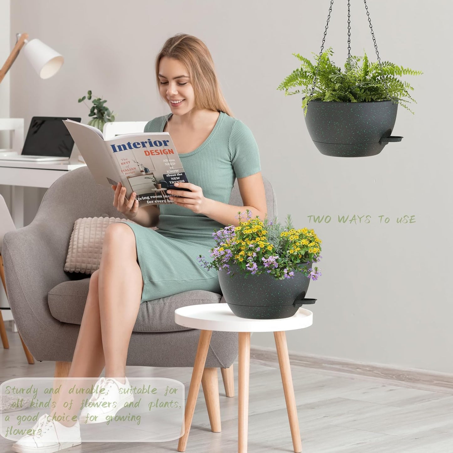 10 Inch Hanging Baskets 2 PC with Chains, Self-Watering Hanging Planters for Indoor Outdoor Plants, Plastic Hanging Flower Pots,Black with Green Speckles