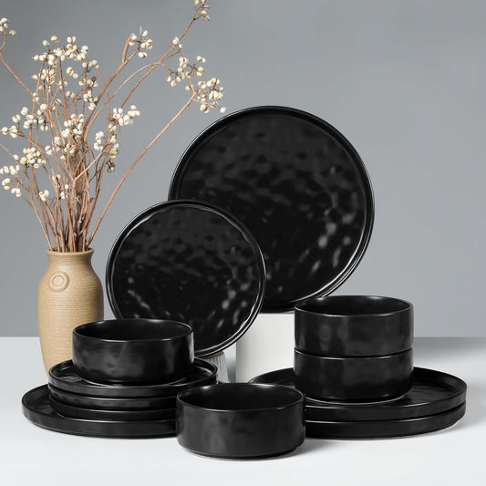 HaWare Dinnerware Sets, 12-Piece Plates and Bowls Set, Stoneware Dish Set for 4, Ceramic Dinnerware for Home Restaurant, Chip and Scratch Resistant, Microwave and Dishwasher Safe, Matte Black