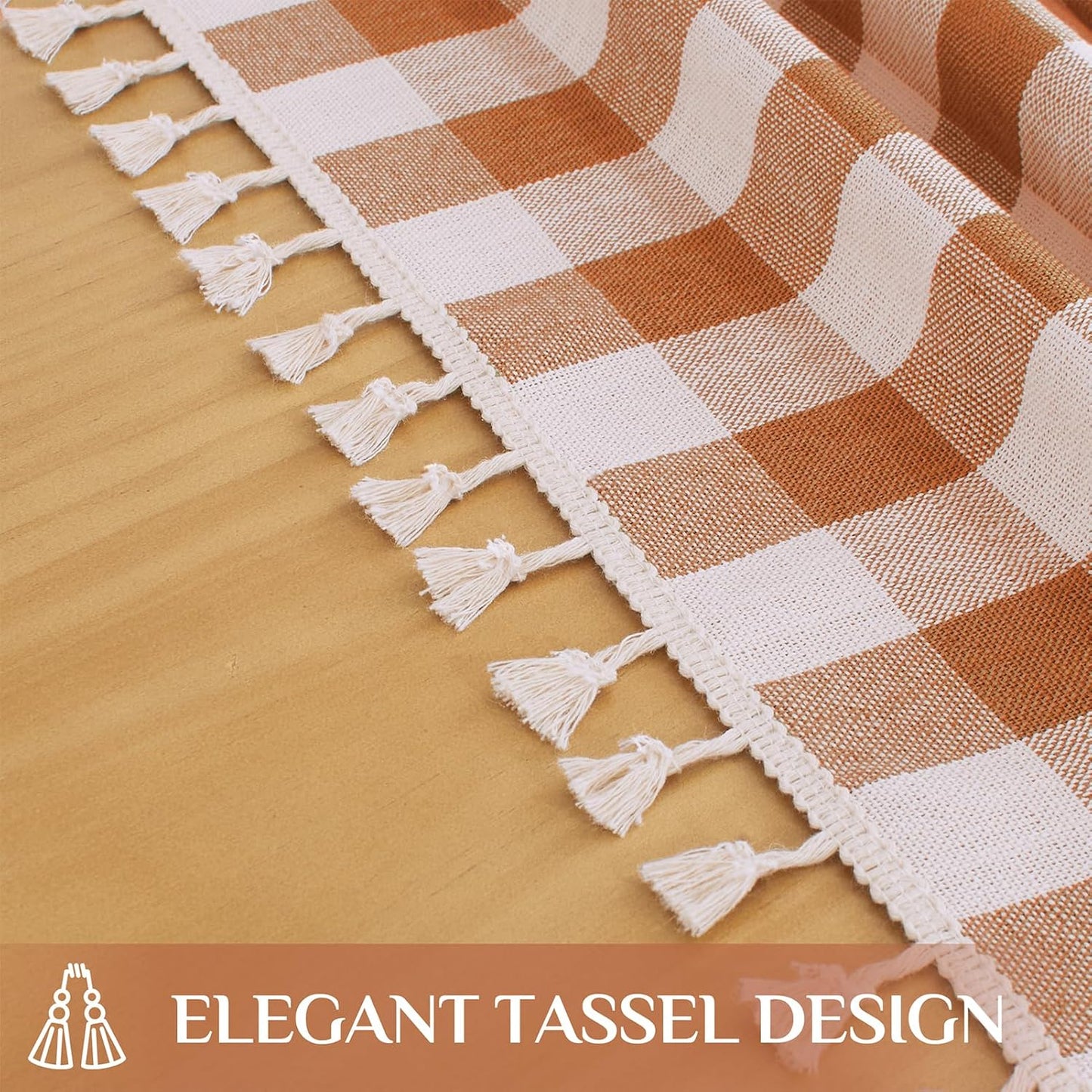 Softalker Fall Checkered Tablecloth Rectangle, Heavy Weight Linen Gingham Thanksgiving Orange Table Cloth with Tassel, Wrinkle Free Buffalo Plaid Table Cover for Dining/Party- 55 x 102 Inch